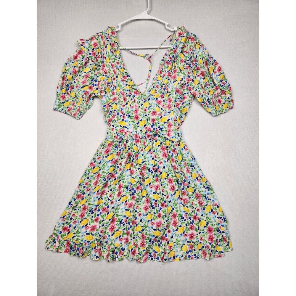 NEW OLIVACEOUS Dress M Smocked Puff Sleeve Floral Ruffle V-neck Tie Side Bows